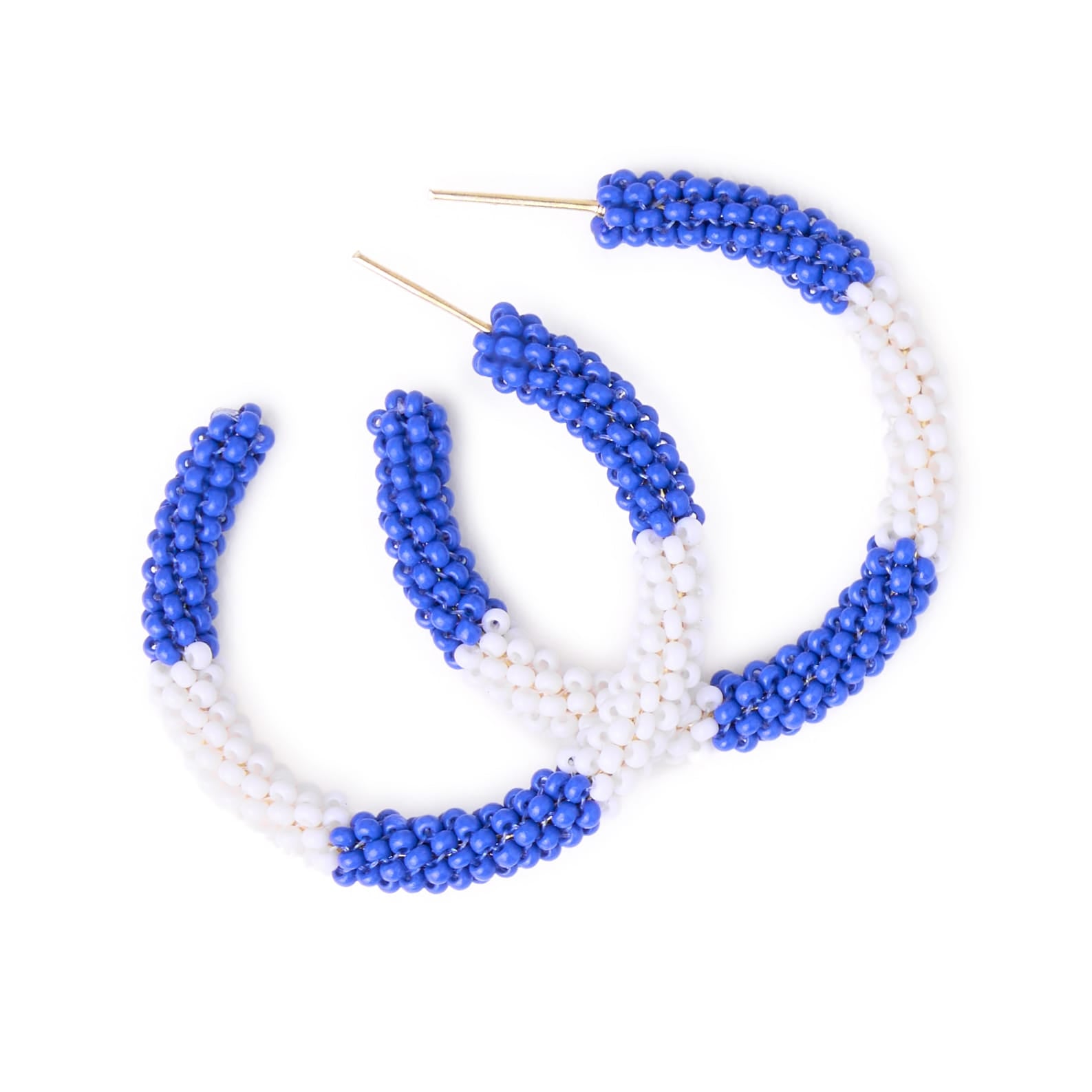 Game Day Beaded Color Block Hoop Earrings Blue + White Wholesale