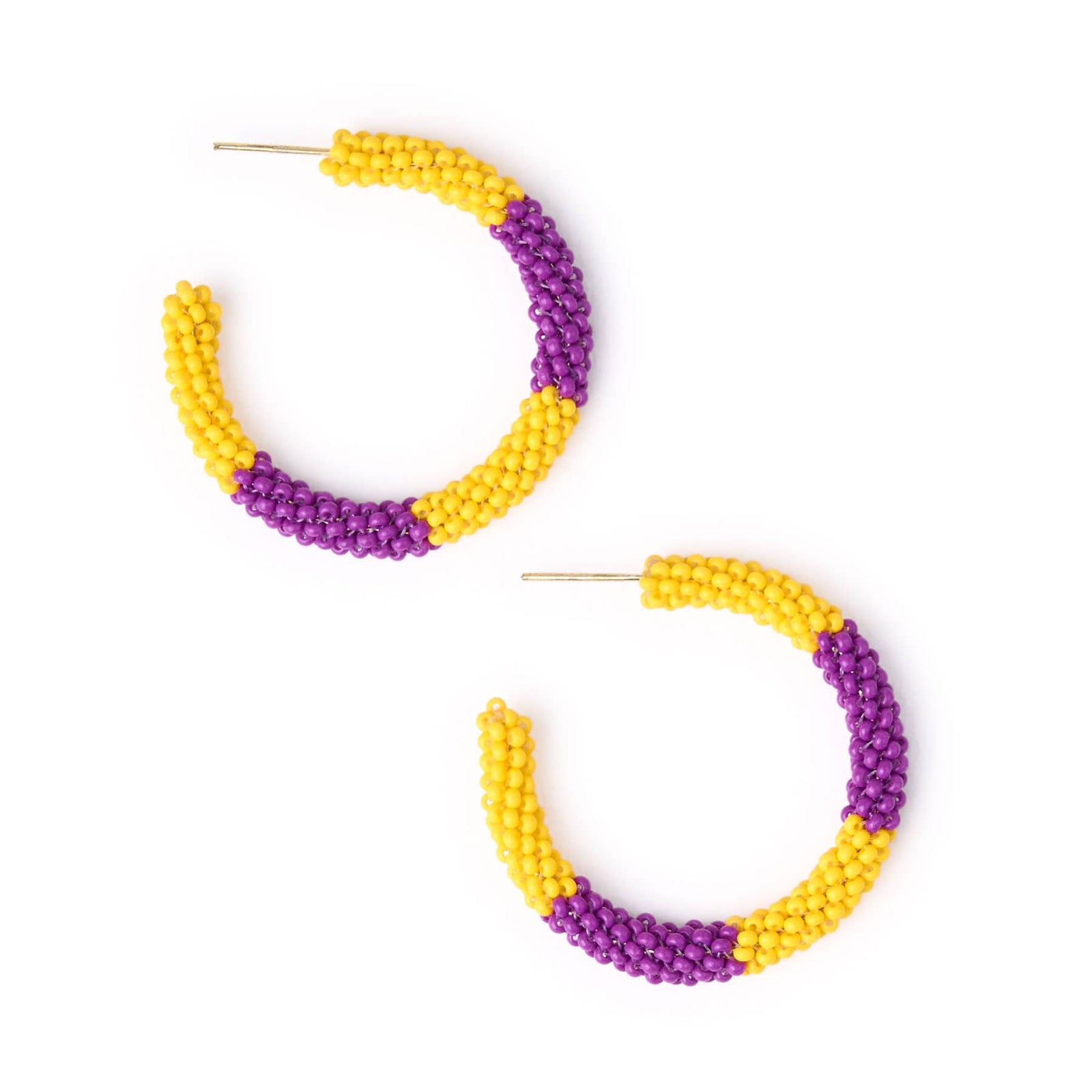 Game Day Beaded Color Block Hoop Earrings Yellow + Purple Wholesale
