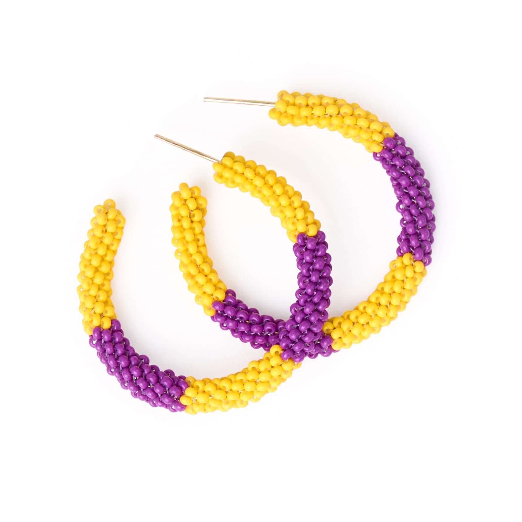 Game Day Beaded Color Block Hoop Earrings Yellow + Purple Wholesale