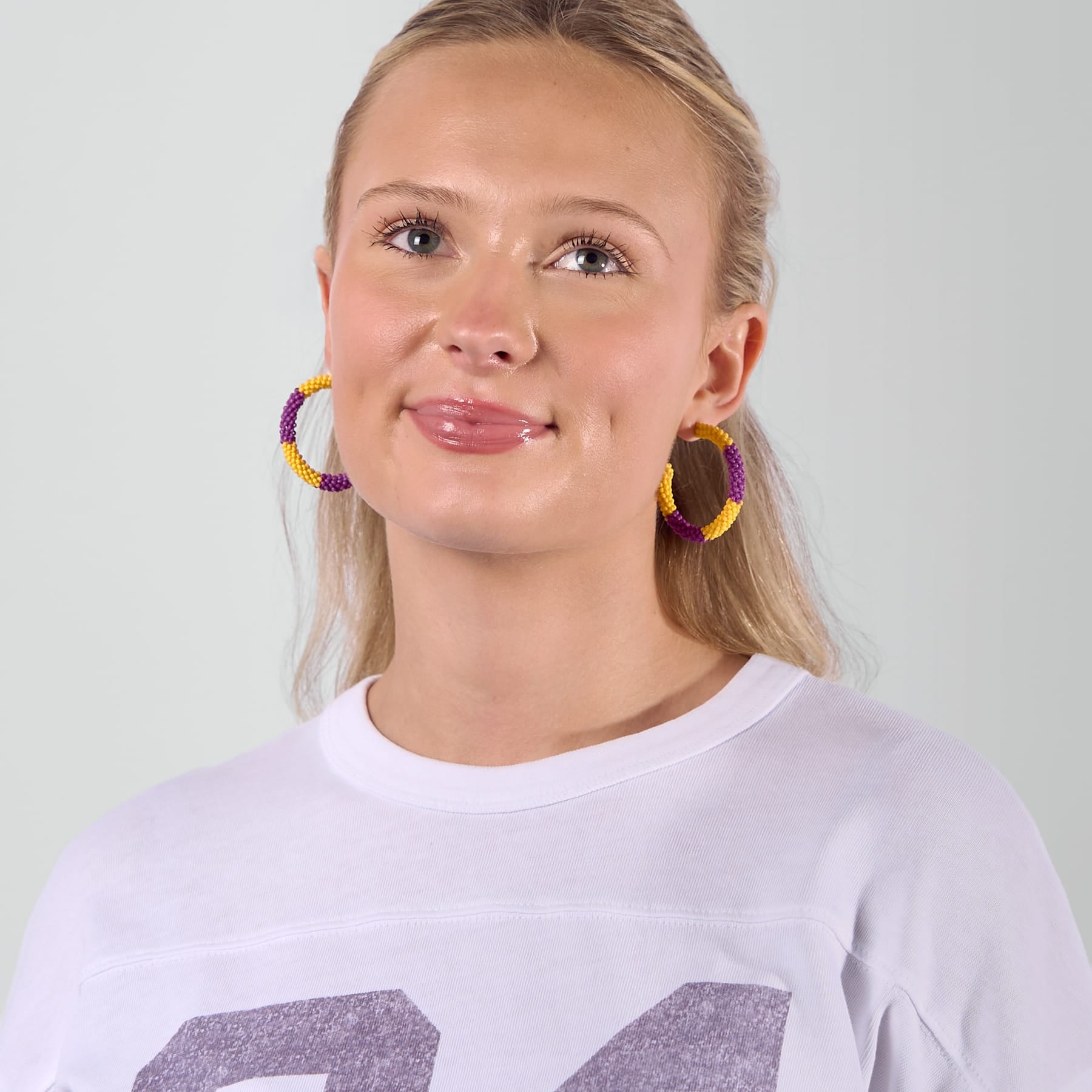 Game Day Beaded Color Block Hoop Earrings Yellow + Purple Wholesale