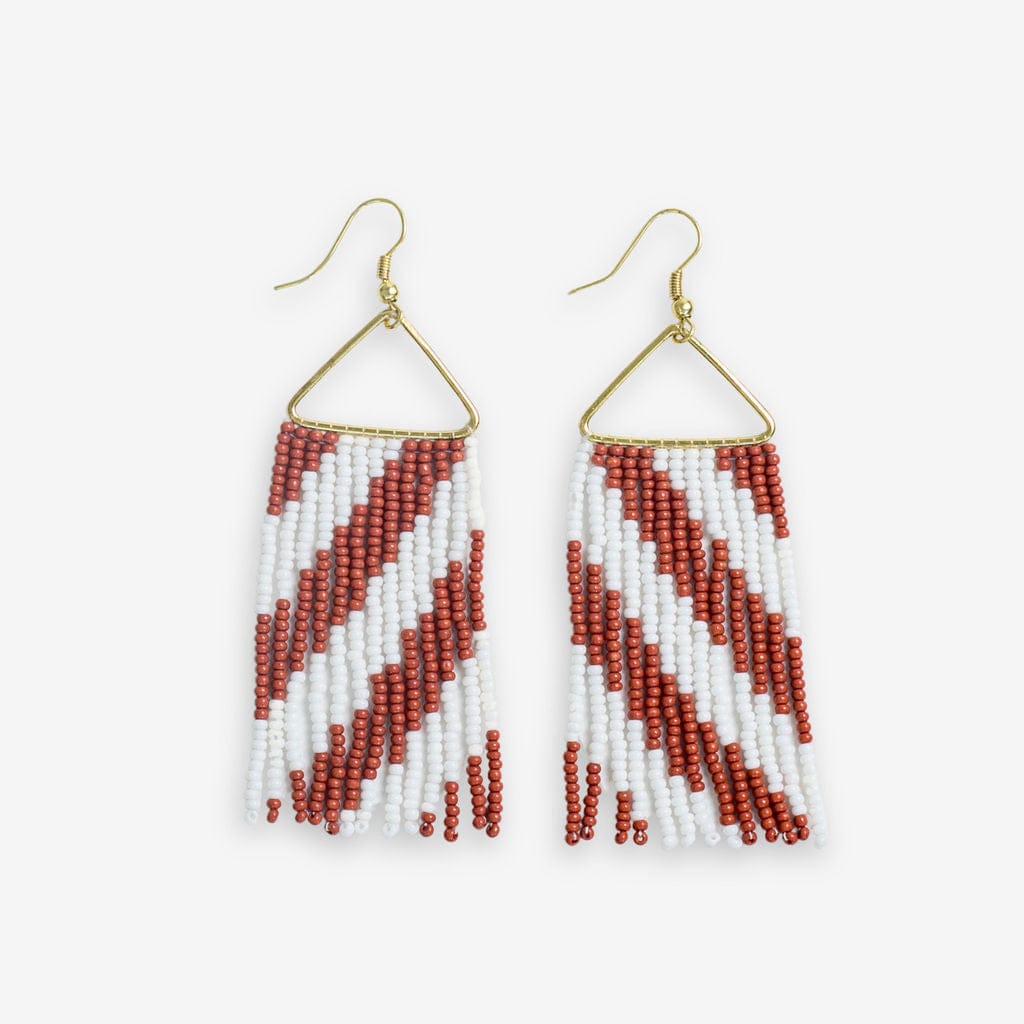 Whitney Game Day Diagonal Stripes Beaded Fringe Earrings Burnt Orange and White Wholesale
