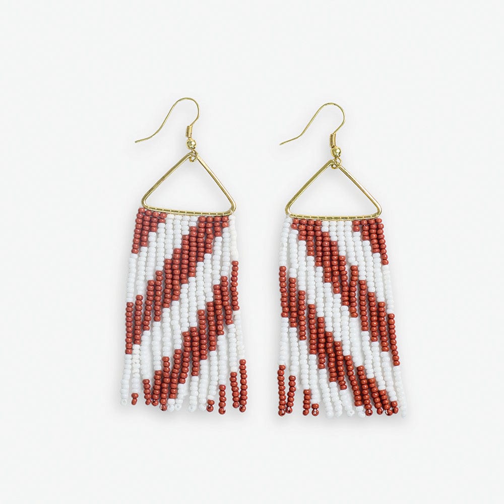 Whitney Game Day Diagonal Stripes Beaded Fringe Earrings Burnt Orange and White Wholesale