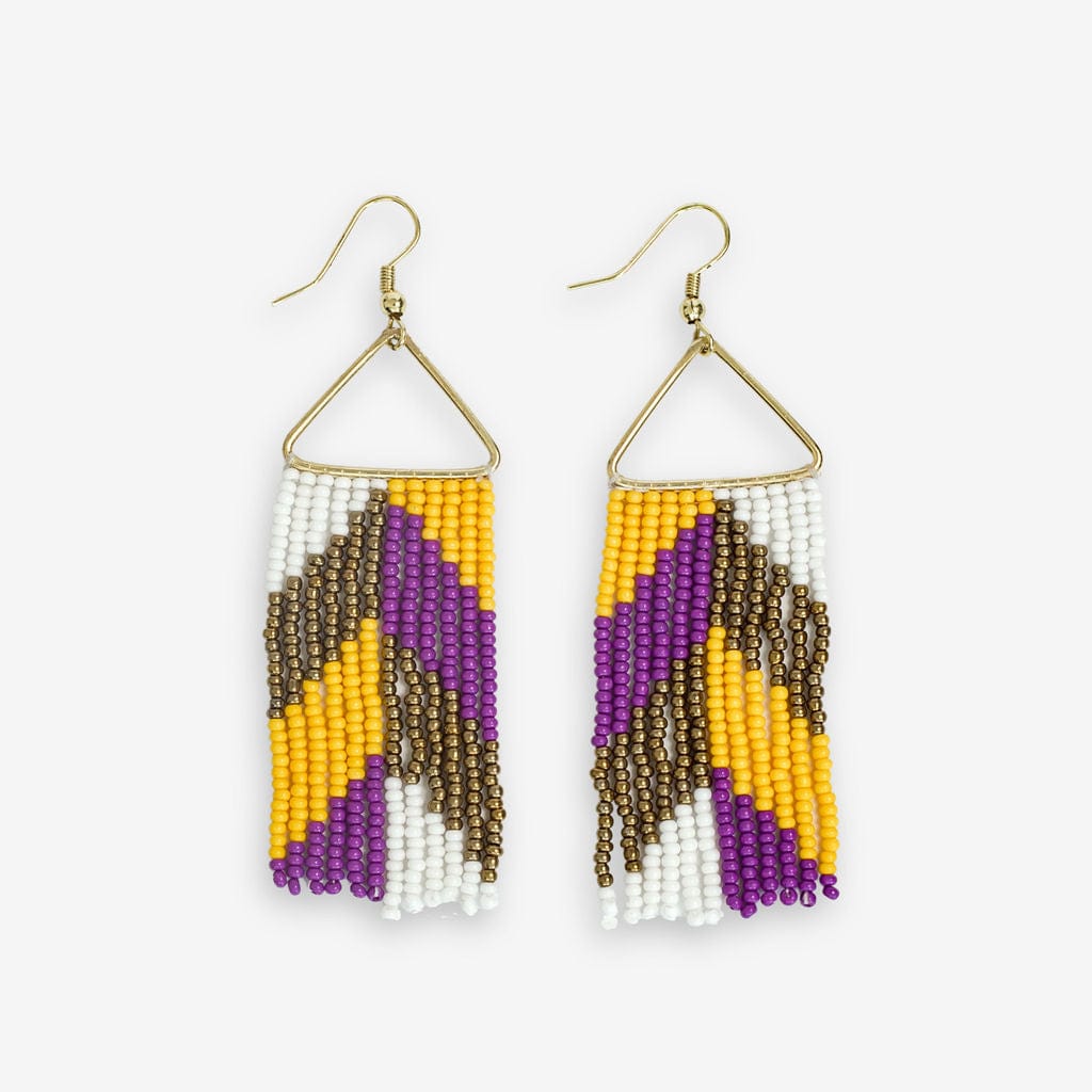 Whitney Game Day Chevron Beaded Fringe Earrings Purple and Yellow Wholesale