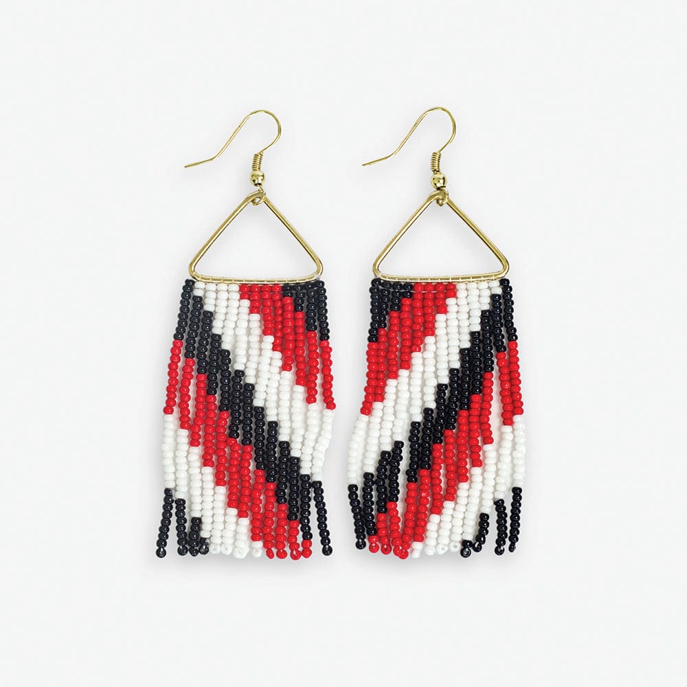 Whitney Game Day Diagonal Stripes Beaded Fringe Earrings Bright Red and Black Wholesale