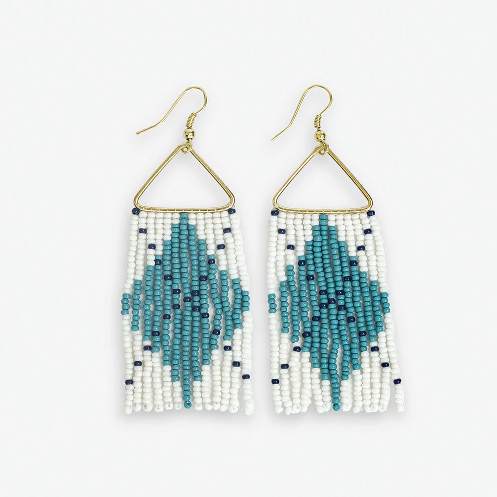 Whitney Game Day Argyle Beaded Fringe Earrings Light Blue and White Wholesale
