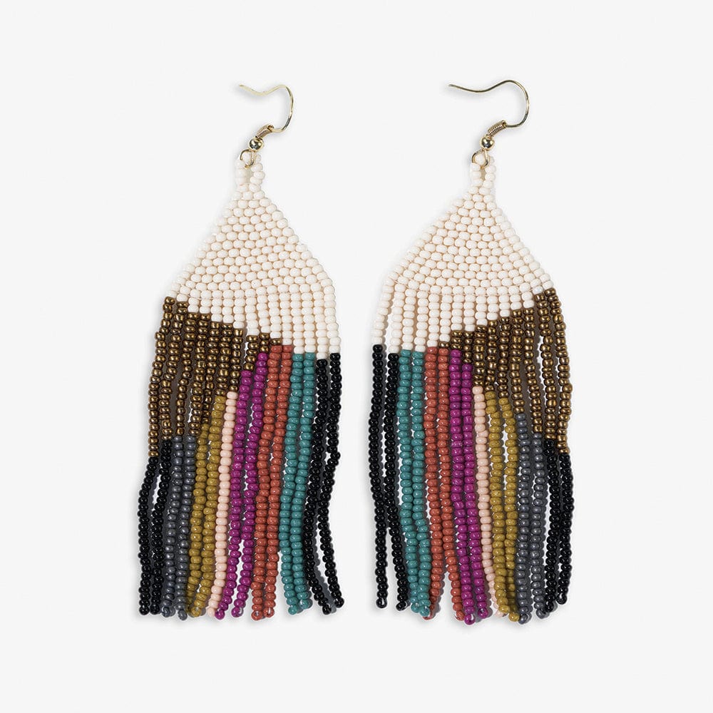 Elise Angle with Stripes Beaded Fringe Earrings Muted Rainbow Wholesale