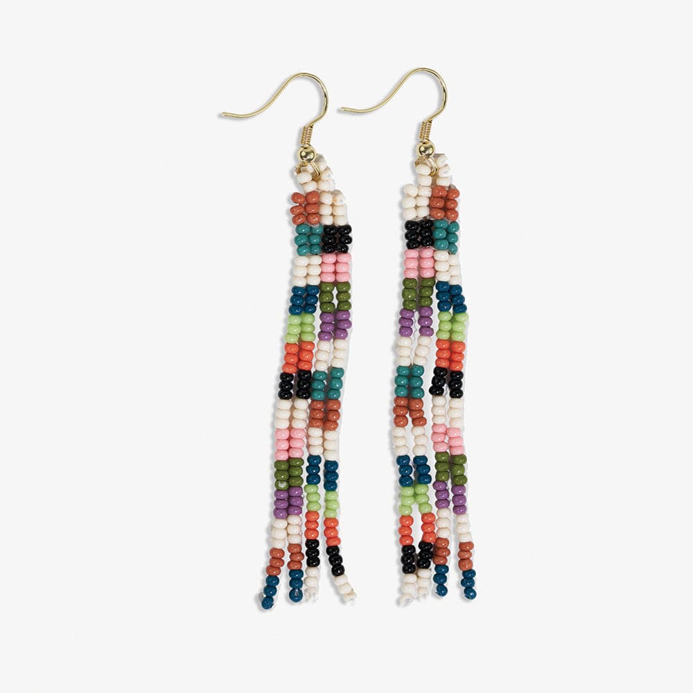 June Mini Checked Pattern Petite Beaded Fringe Earrings Multi-Check Wholesale