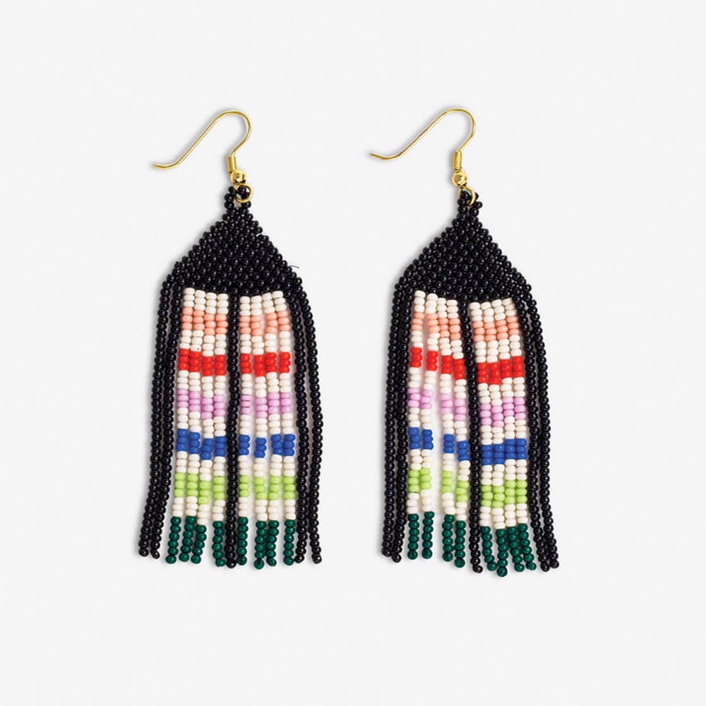 Dolly Striped Center With Black Border Beaded Fringe Earrings Rio Wholesale