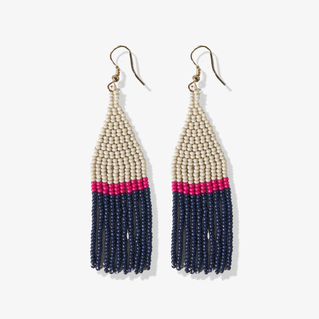 Lennon Color Block Stripe Beaded Fringe Earrings Navy Wholesale