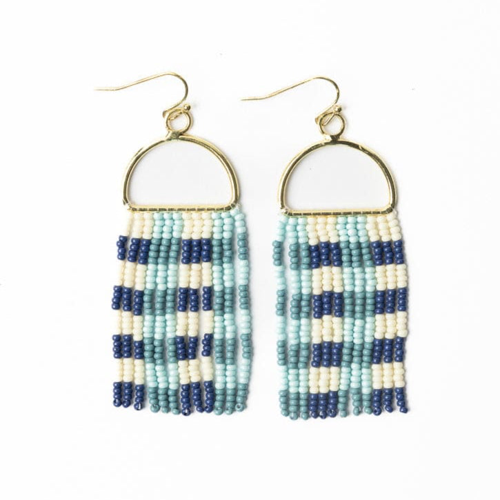 Allison Gingham Beaded Fringe Earrings Blue