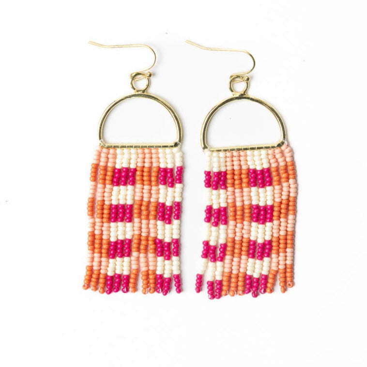 Allison Gingham Beaded Fringe Earrings Pink