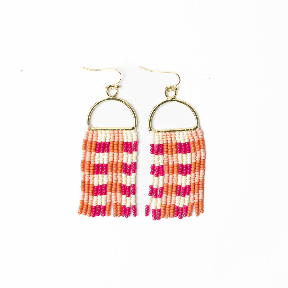 Allison Gingham Beaded Fringe Earrings Pink