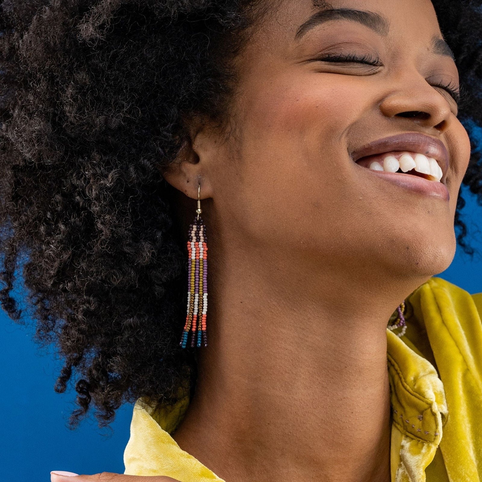 Melissa Alternating Two Color Grids Petite Beaded Fringe Earrings Citron and Coral Wholesale