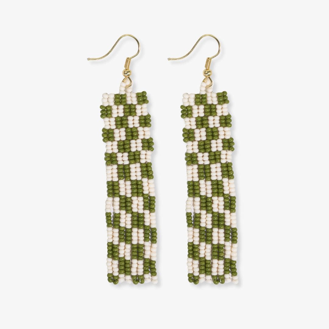 Harriet Woven Top Gingham Beaded Fringe Earrings Avocado Wholesale