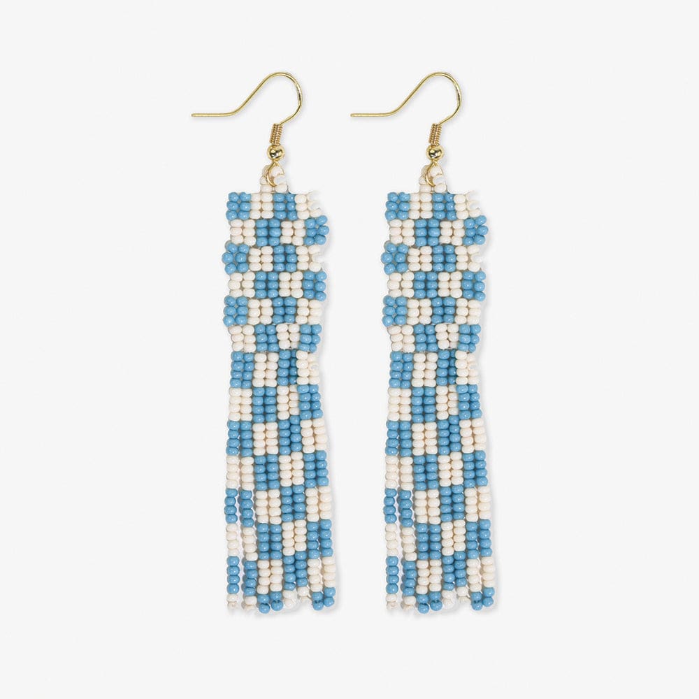 Harriet Woven Top Gingham Beaded Fringe Earrings Light Blue Wholesale