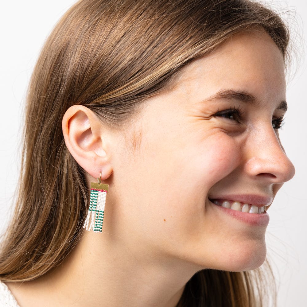 Scout Rectangle Hanger Blocks With Stripes Beaded Fringe Earrings Green Wholesale
