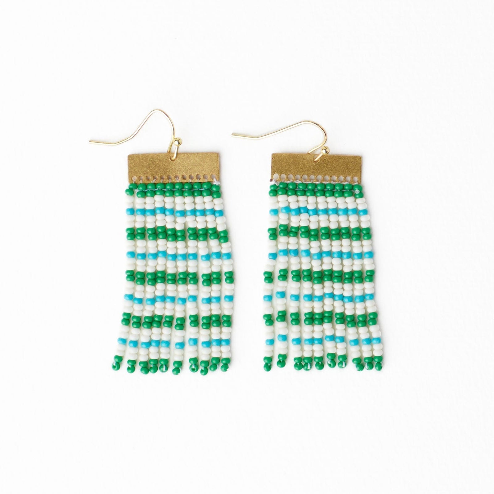 Scout Rectangle Hanger Mixed Horizontal Stripes Beaded Fringe Earrings Kelly Green + Aqua Wholesale