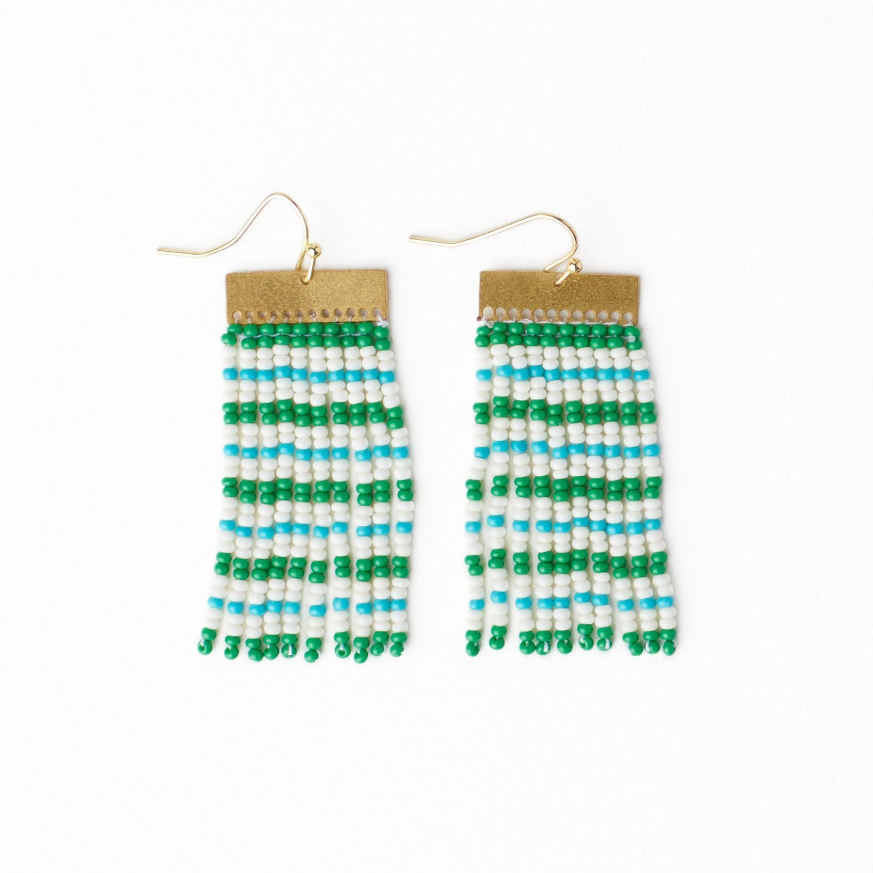 Scout Rectangle Hanger Mixed Horizontal Stripes Beaded Fringe Earrings Kelly Green + Aqua Wholesale