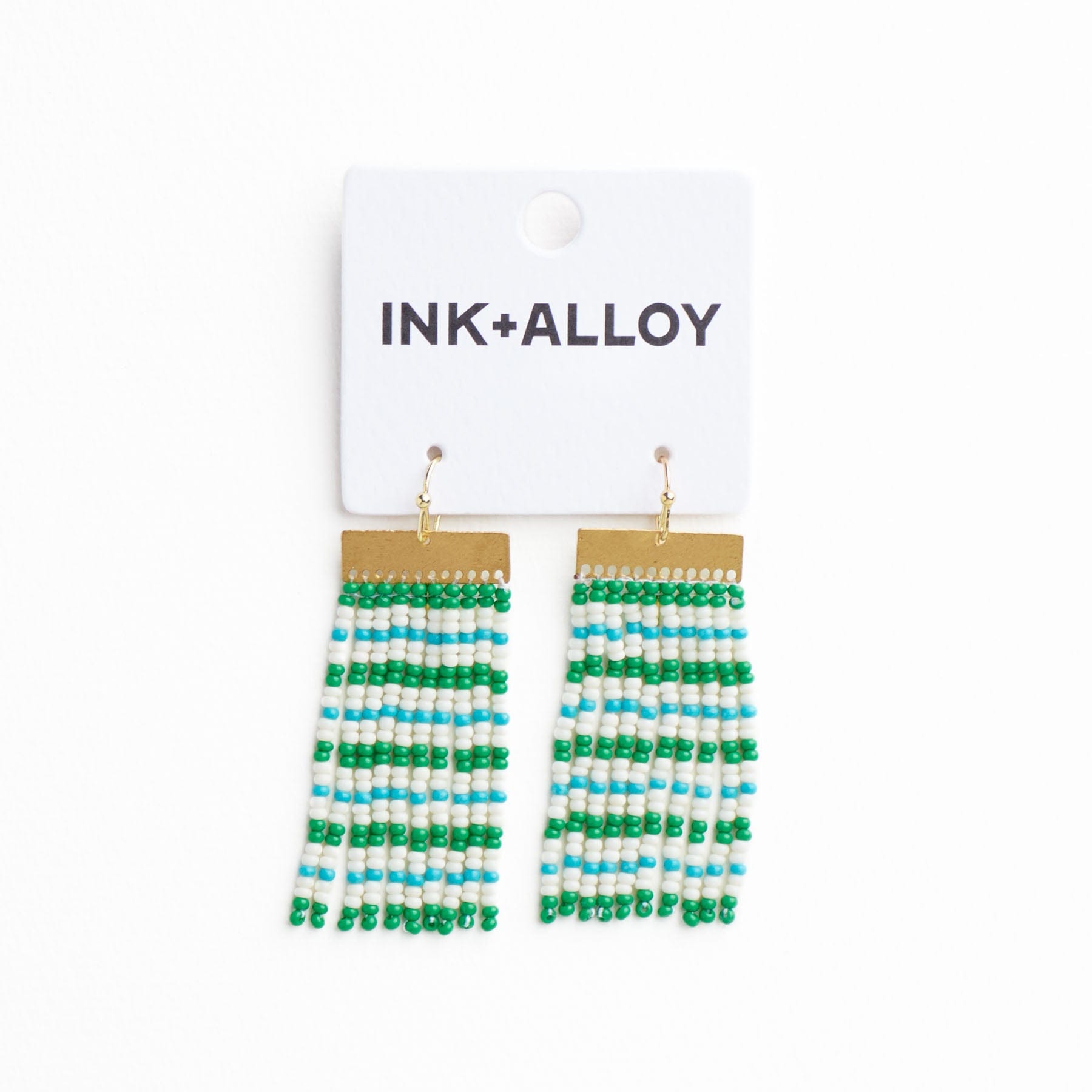 Scout Rectangle Hanger Mixed Horizontal Stripes Beaded Fringe Earrings Kelly Green + Aqua Wholesale