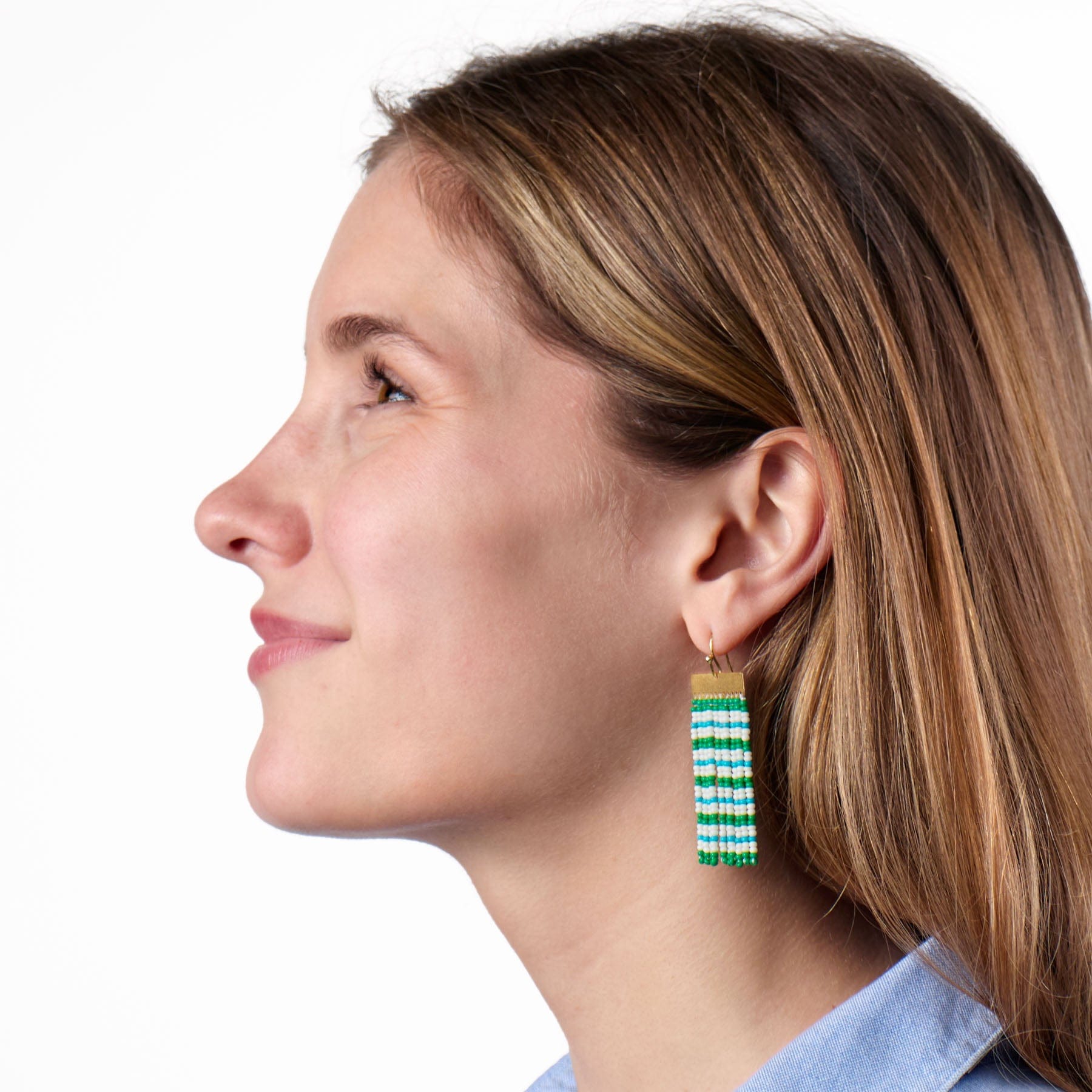 Scout Rectangle Hanger Mixed Horizontal Stripes Beaded Fringe Earrings Kelly Green + Aqua Wholesale