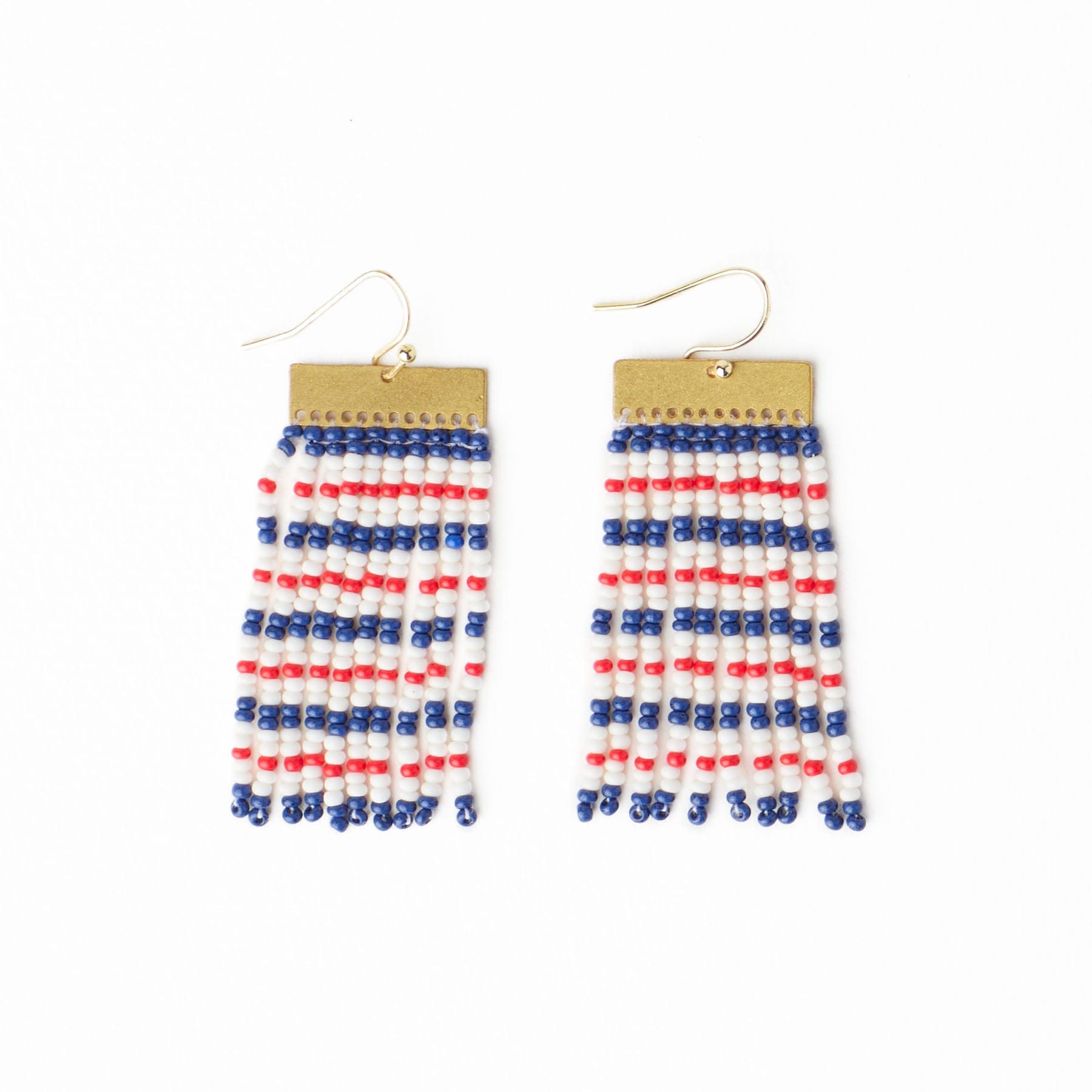 Scout Rectangle Hanger Mixed Horizontal Stripes Beaded Fringe Earrings Red + Navy Wholesale
