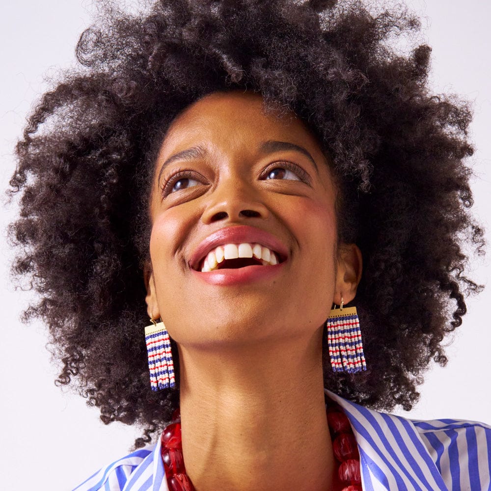 Scout Rectangle Hanger Mixed Horizontal Stripes Beaded Fringe Earrings Red + Navy Wholesale