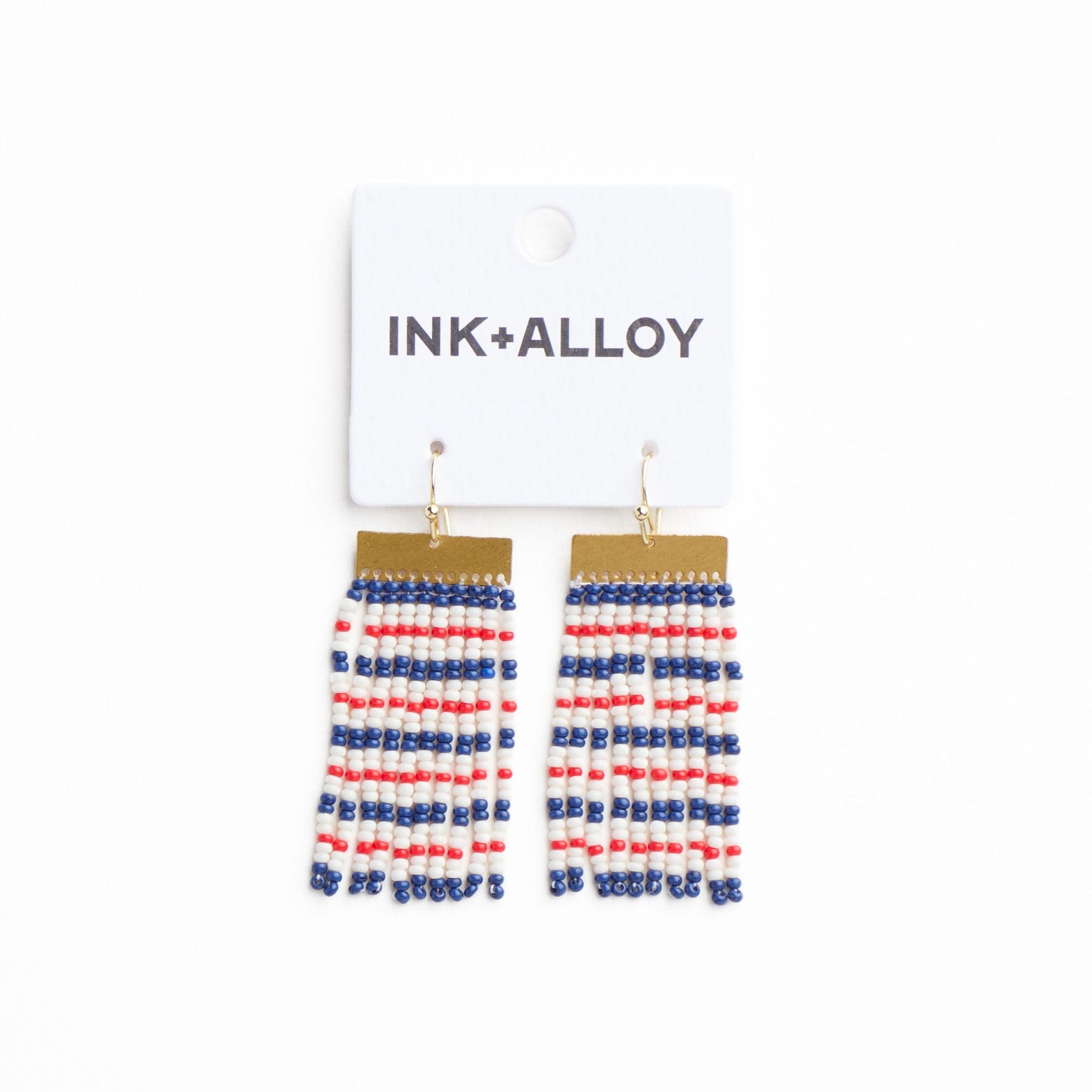 Scout Rectangle Hanger Mixed Horizontal Stripes Beaded Fringe Earrings Red + Navy Wholesale