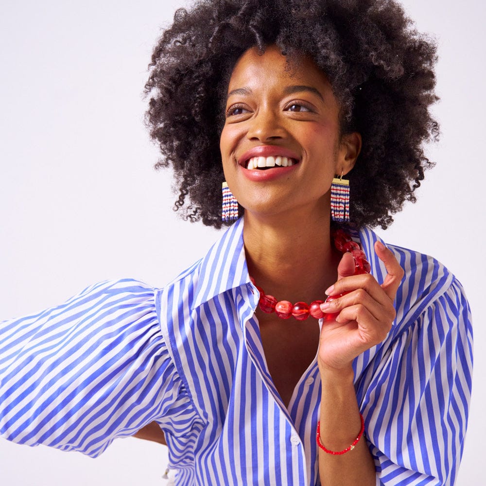 Scout Rectangle Hanger Mixed Horizontal Stripes Beaded Fringe Earrings Red + Navy Wholesale