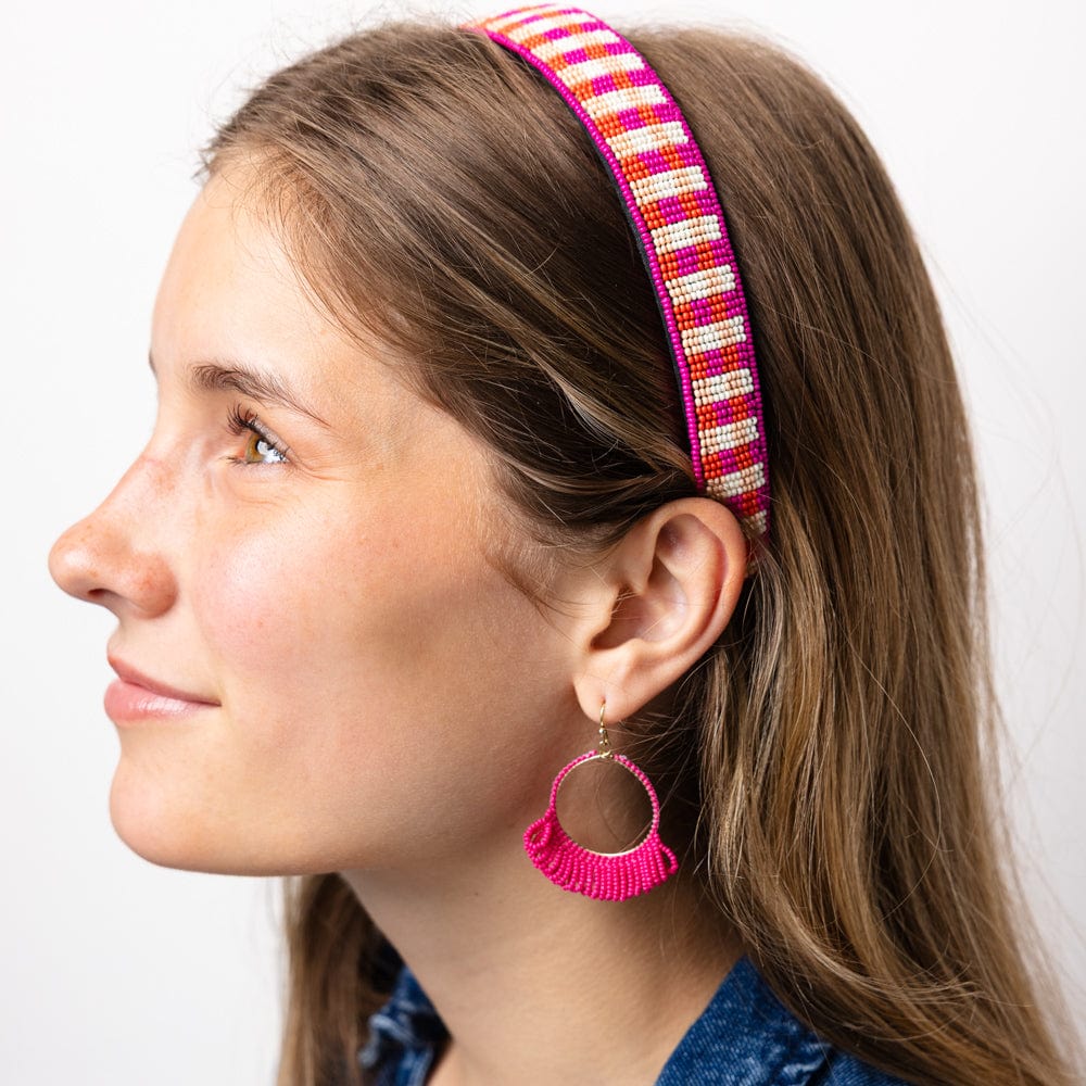 Kendra Fringe Hoop Seed Bead Earring Hot Pink