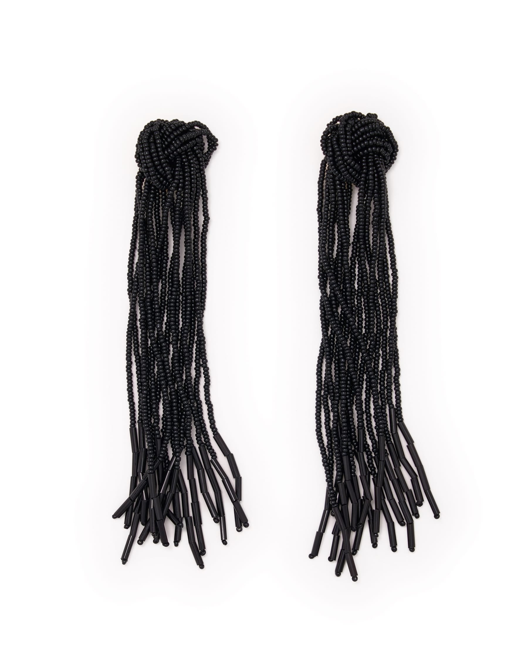 Angelica Tied Knot Beaded Fringe Earrings Black