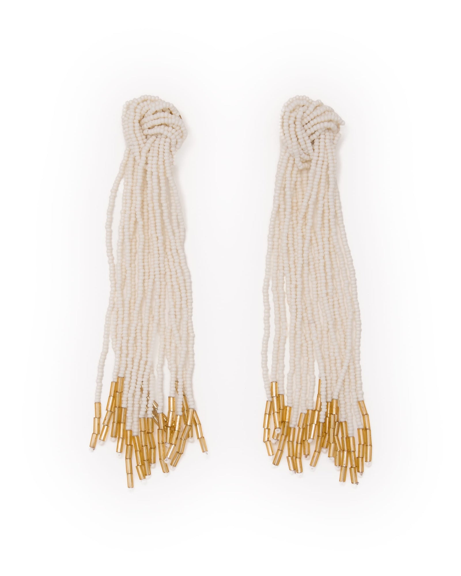 Angelica Tied Knot Beaded Fringe Earrings Ivory