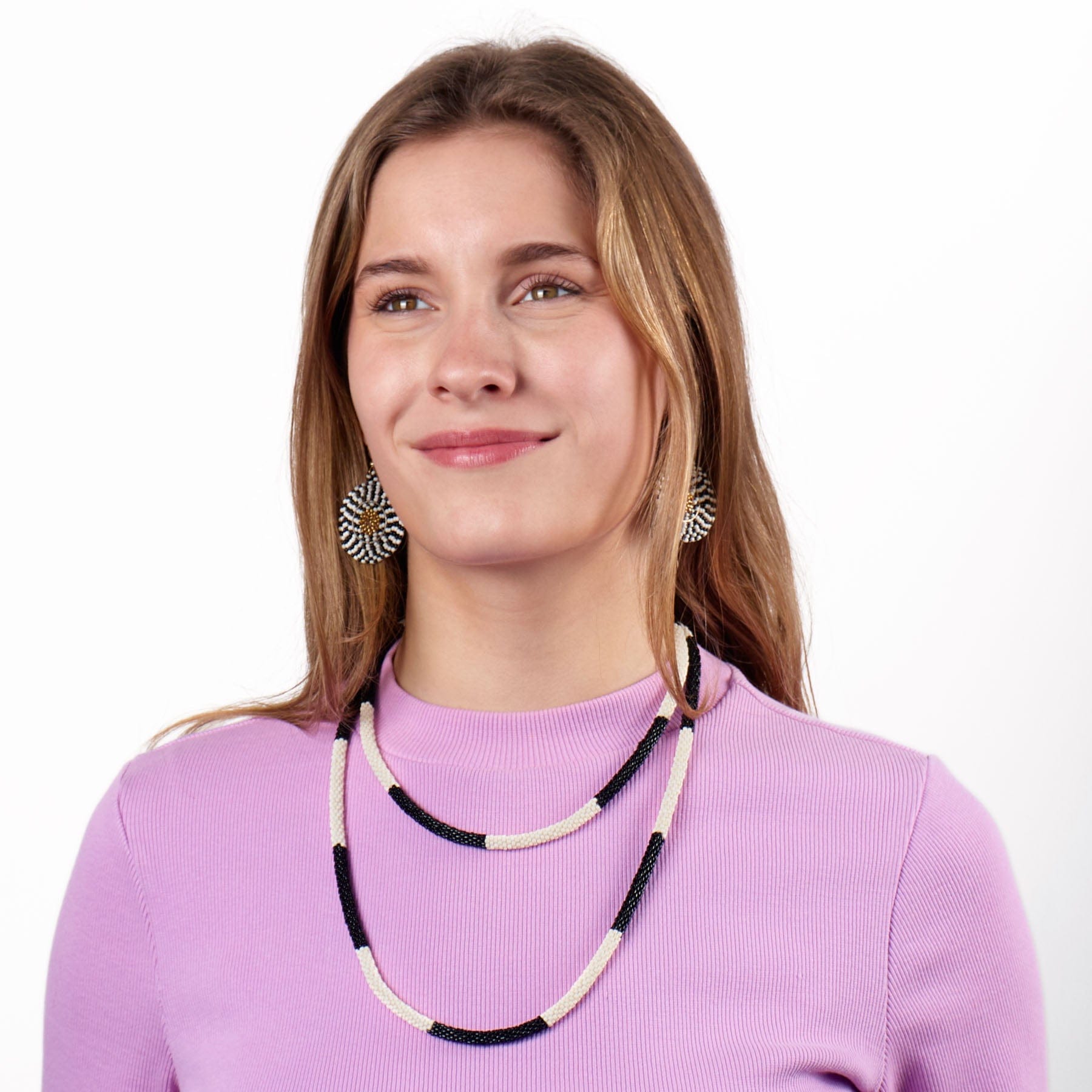 Ilene Round Beaded Dangle Earrings Black + White Wholesale