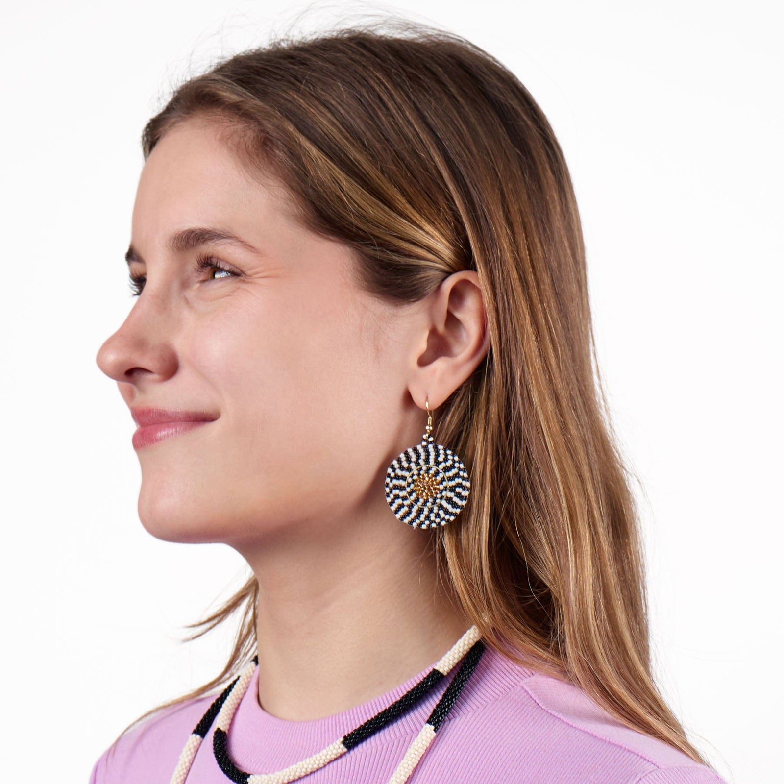 Ilene Round Beaded Dangle Earrings Black + White Wholesale