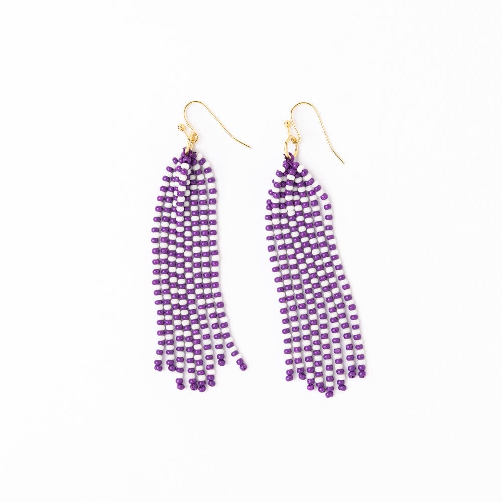 Game Day Tassel Seed Bead Earrings Purple + White Wholesale