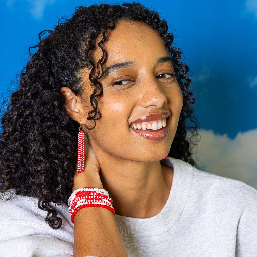 Game Day Tassel Seed Bead Earrings Red + White Wholesale