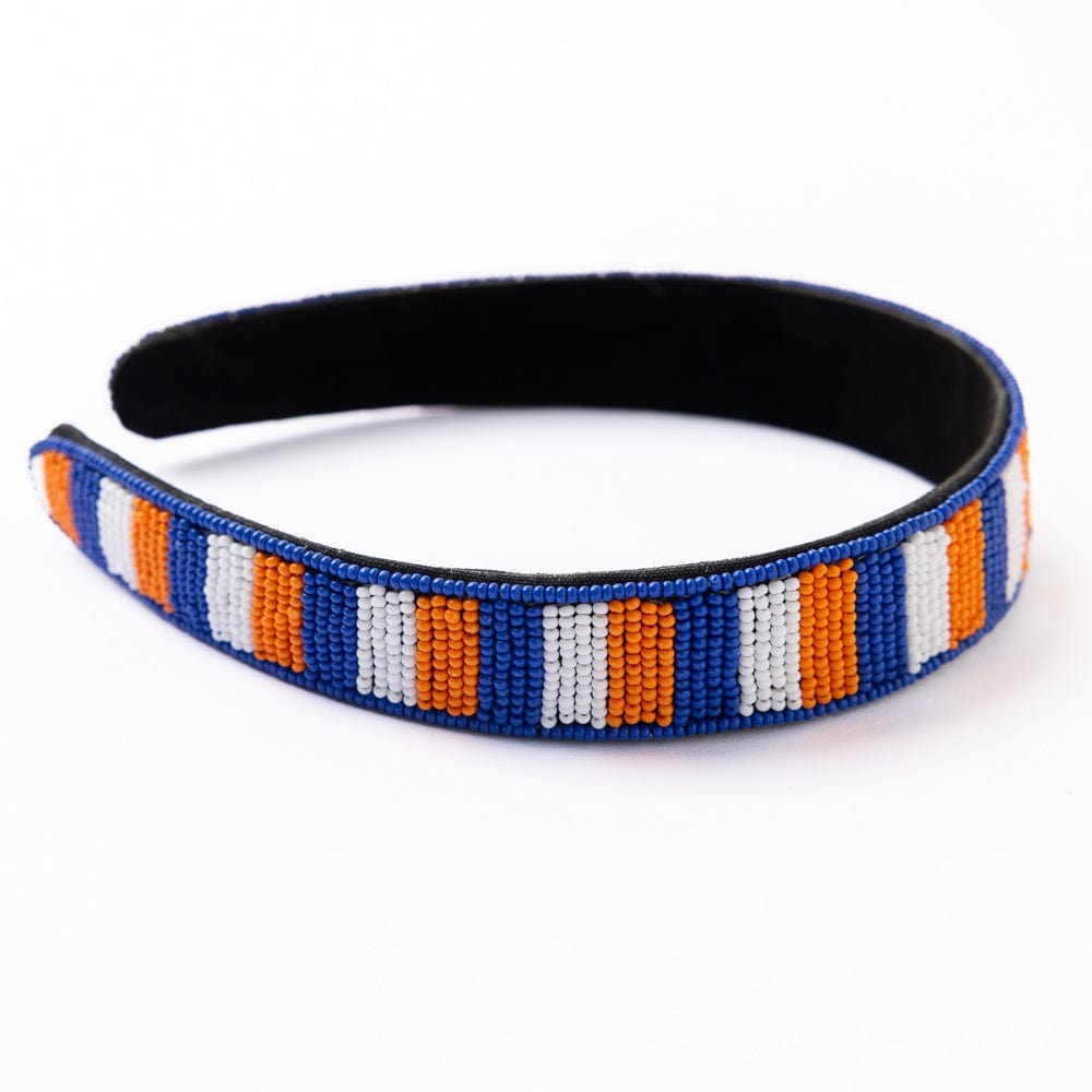 Game Day Striped Beaded Headband Blue + Orange Wholesale