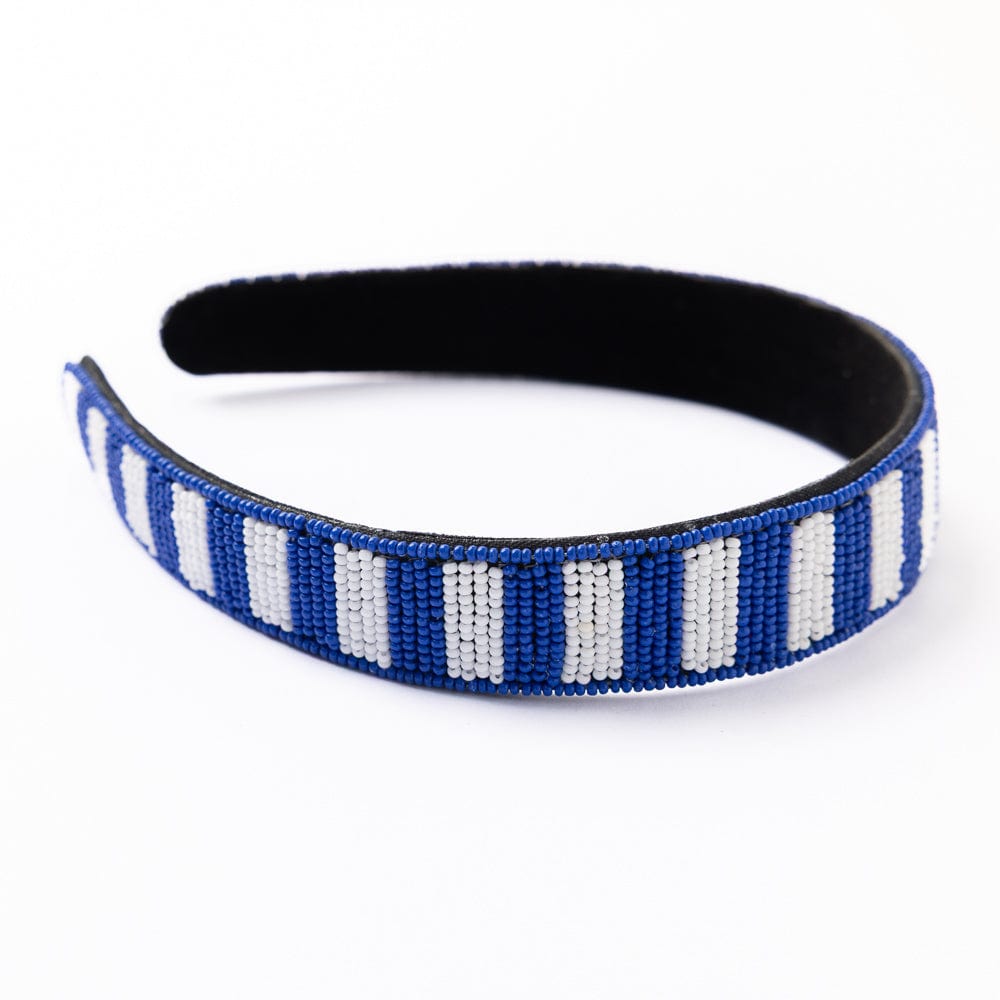 Game Day Striped Beaded Headband Blue + White Wholesale