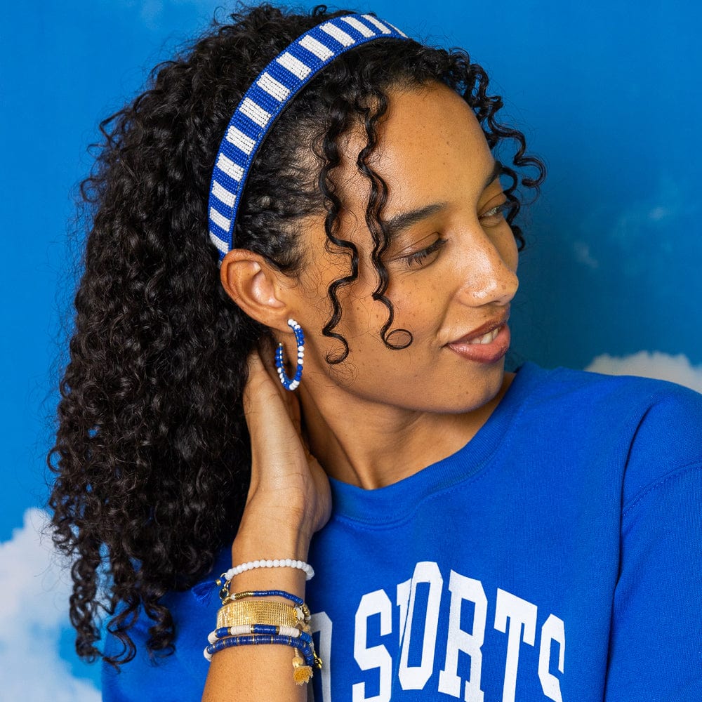 Game Day Striped Beaded Headband Blue + White Wholesale