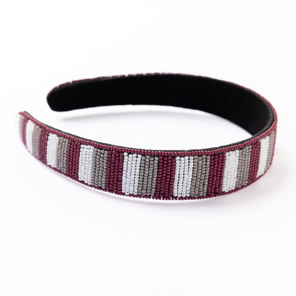 Game Day Striped Beaded Headband Maroon + White Wholesale