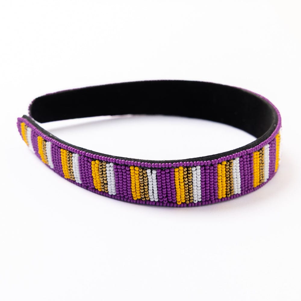 Game Day Striped Beaded Headband Purple + Yellow Wholesale