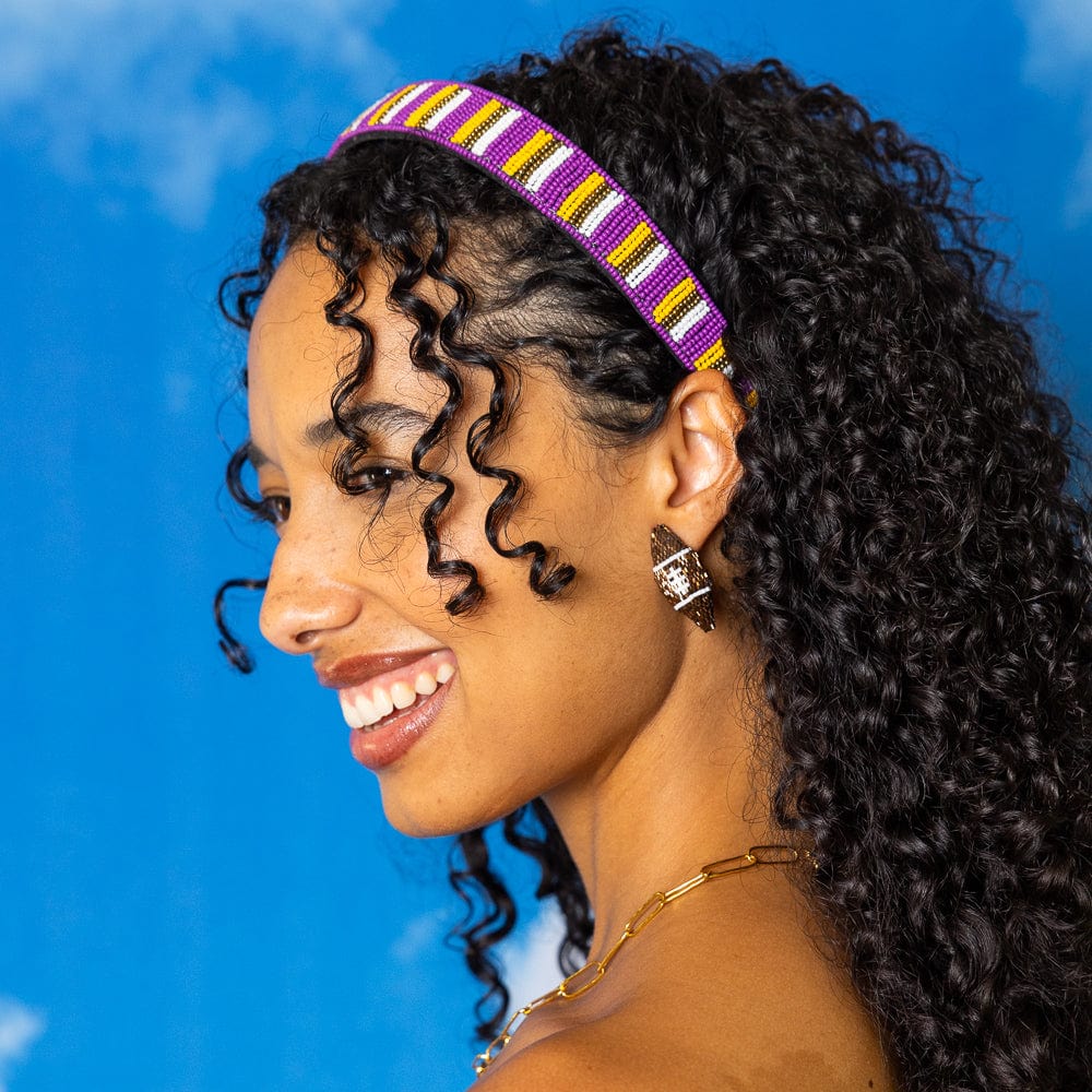 Game Day Striped Beaded Headband Purple + Yellow Wholesale