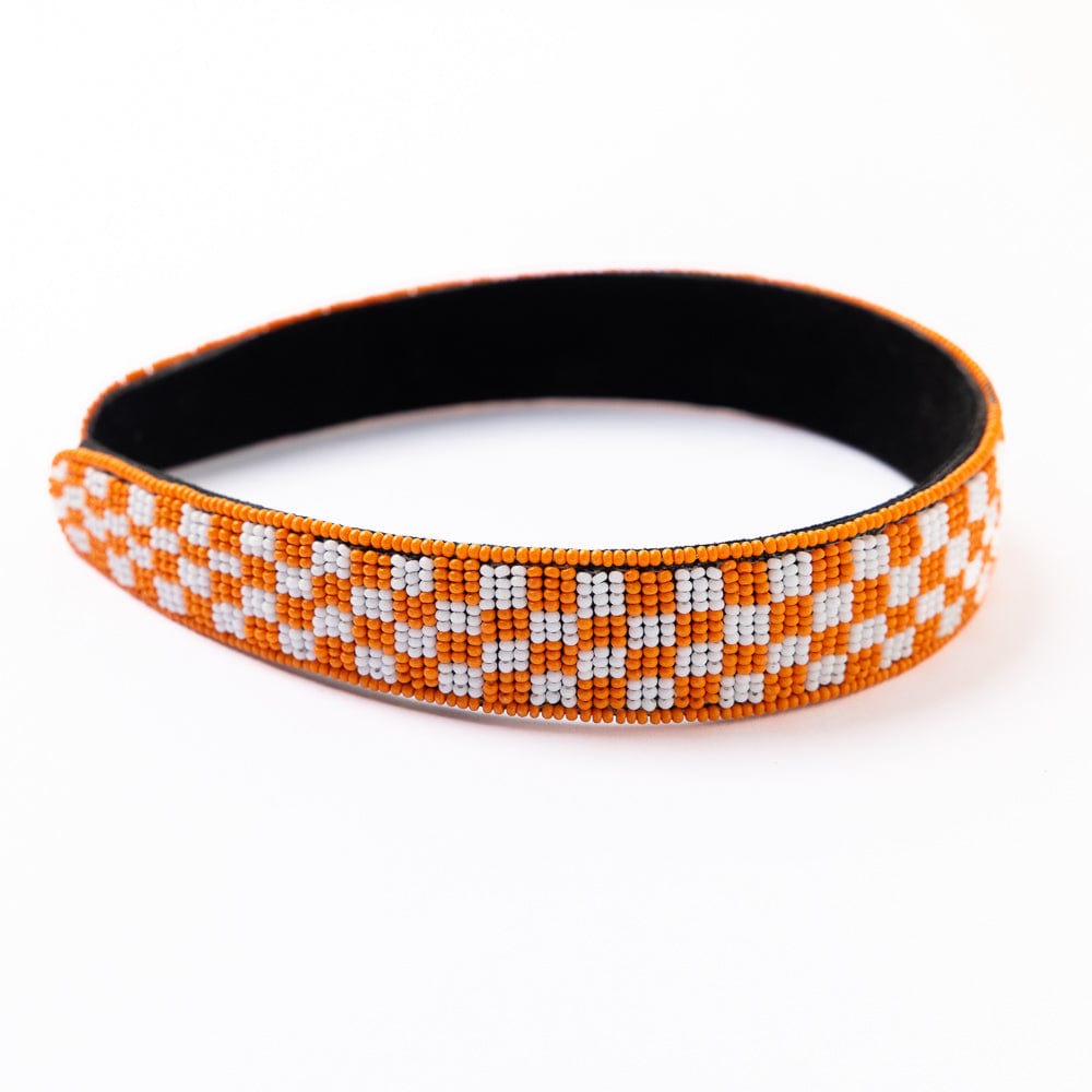 Game Day Checkered Beaded Headband Orange + White Wholesale