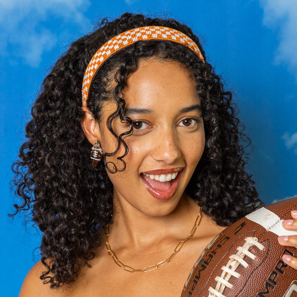 Game Day Checkered Beaded Headband Orange + White Wholesale