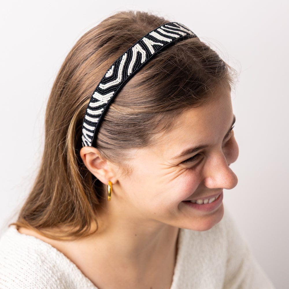 Stevie Zebra Print Beaded Headband Black + Ivory Wholesale