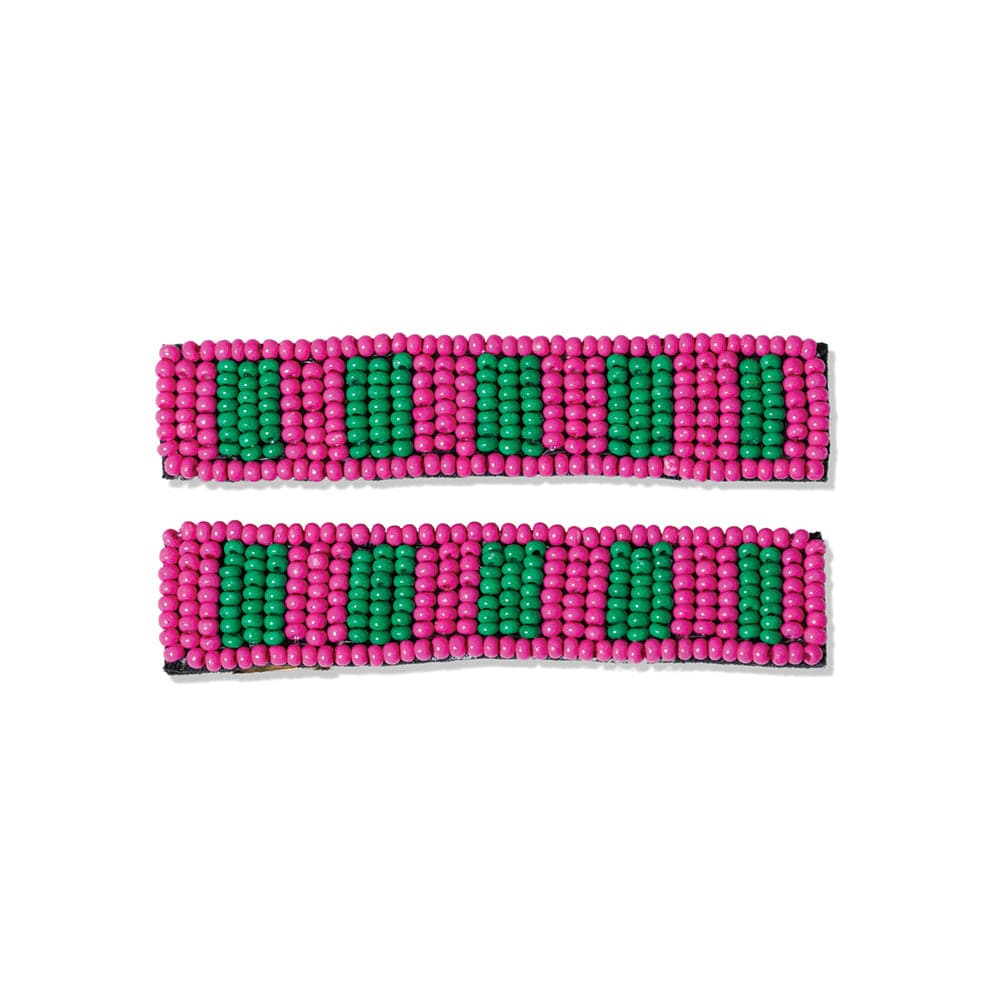 Anna Two-Tone Striped Beaded 2 Pack Hair Clips Hot Pink Wholesale