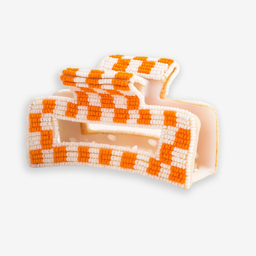 Lola Game Day Checked Beaded Hair Claw Clip Orange and White Wholesale