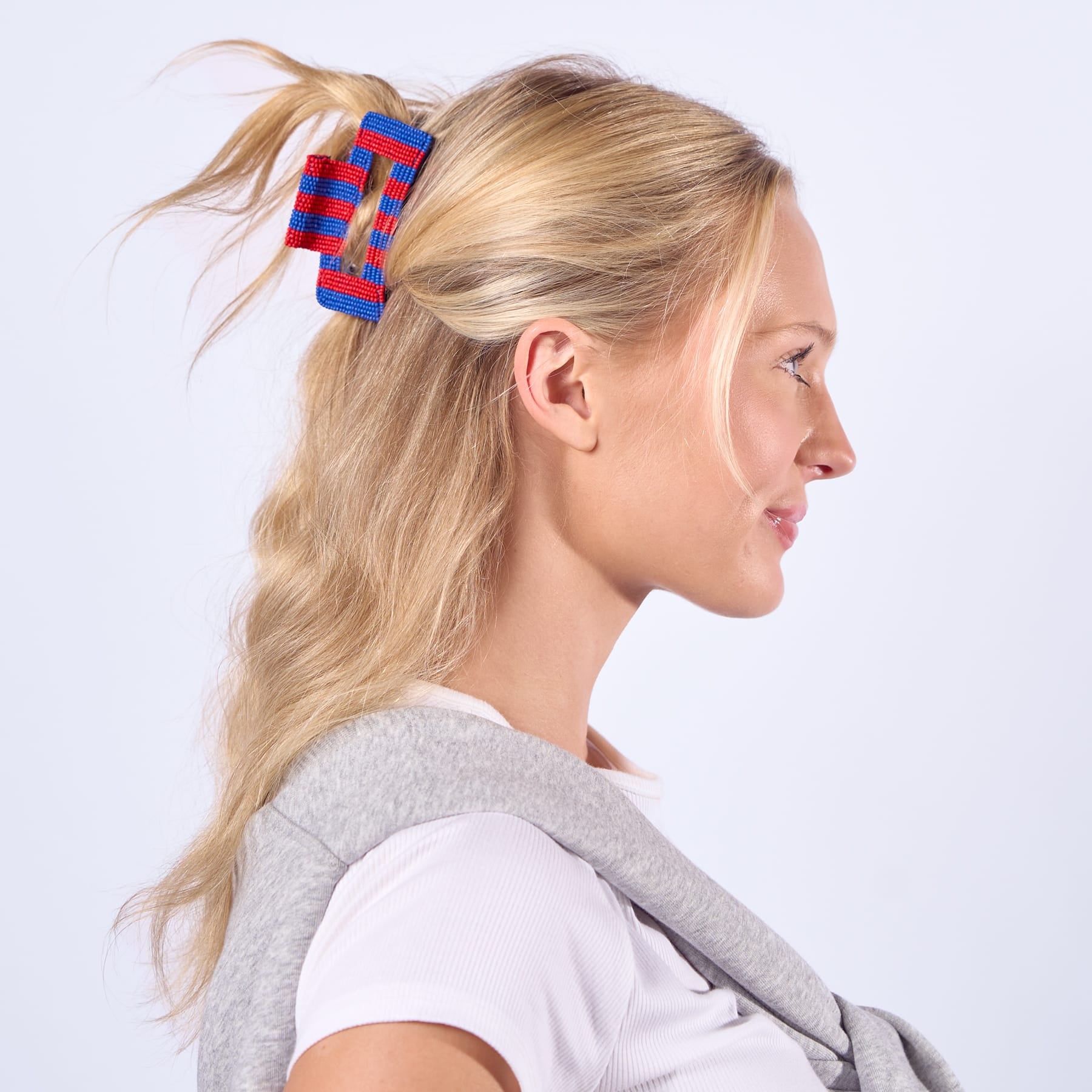 Game Day Striped Beaded Hair Claw Clip Red + Blue  Wholesale