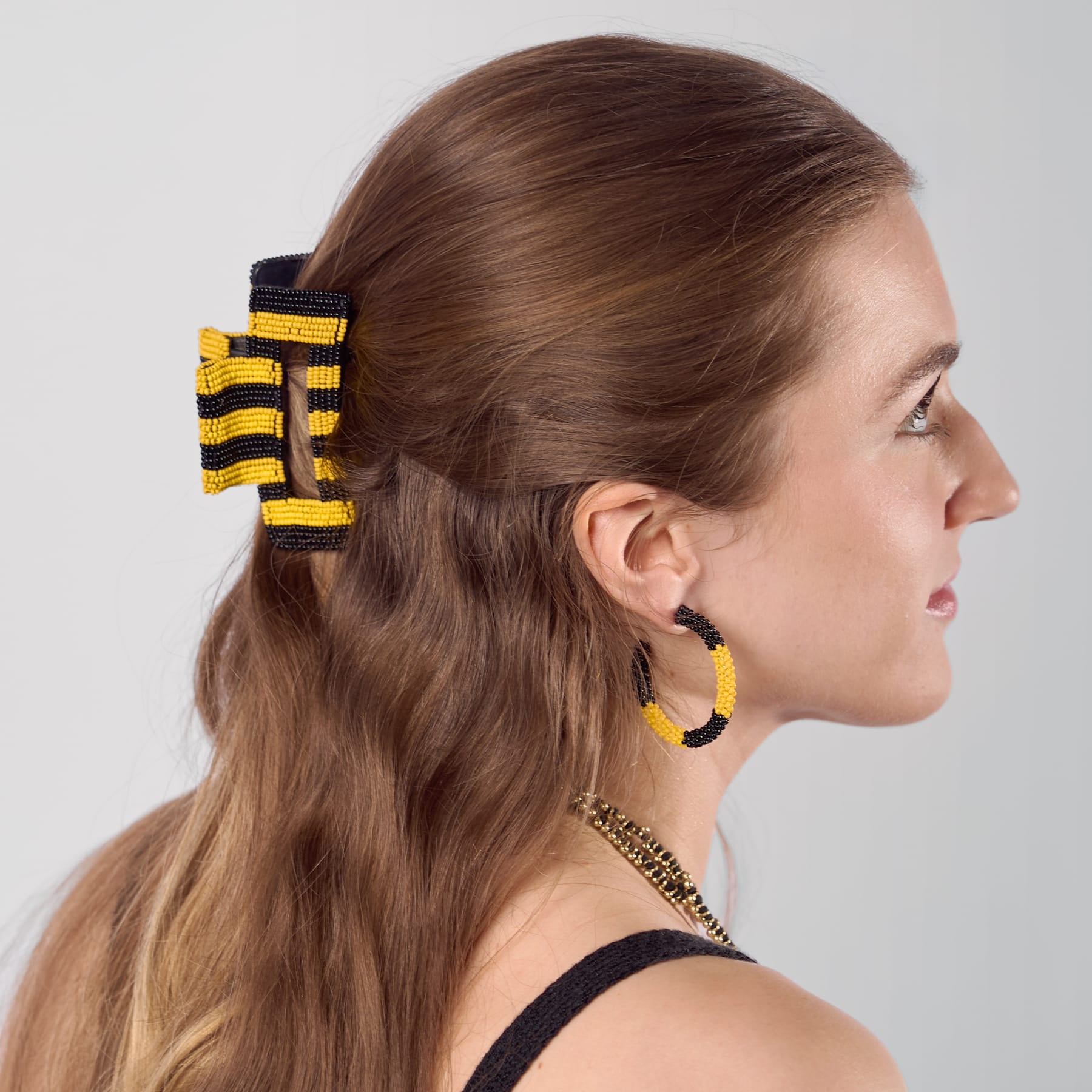 Game Day Striped Beaded Hair Claw Clip Black + Yellow  Wholesale
