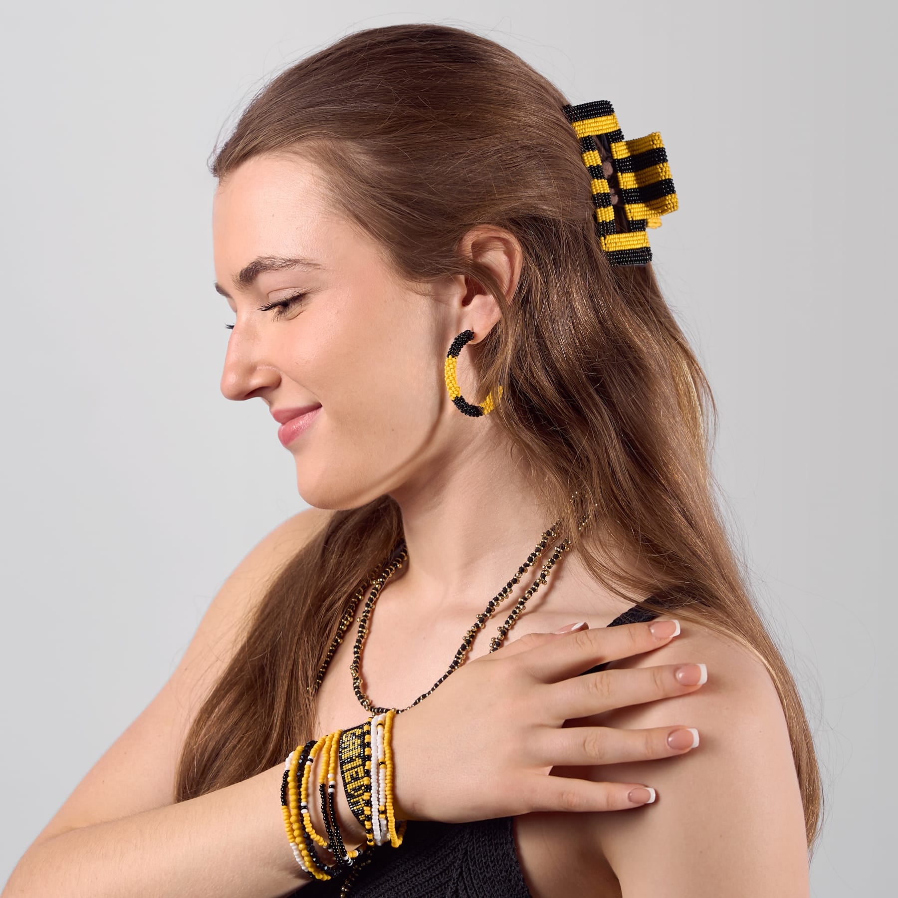 Game Day Striped Beaded Hair Claw Clip Black + Yellow  Wholesale