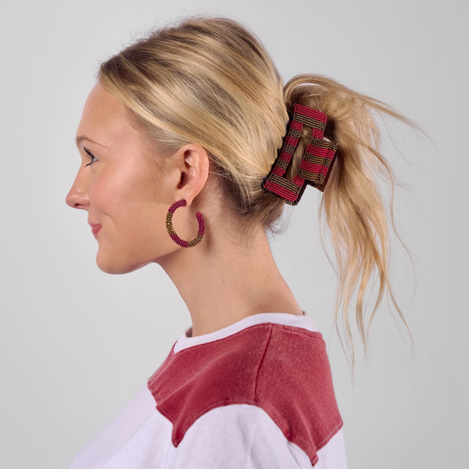 Game Day Striped Beaded Hair Claw Clip Garnet + Gold  Wholesale
